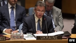 el embajador de las Naciones Unidas en Ucrania, Yuriy Sergeyev, comparece durante una reunión del Consejo de Seguridad de la ONU.